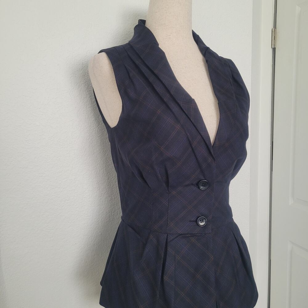 Cue Plaid Button Front Fitted Vest Size S Navy Preppy Dark Academia Old Money - Picture 3 of 8